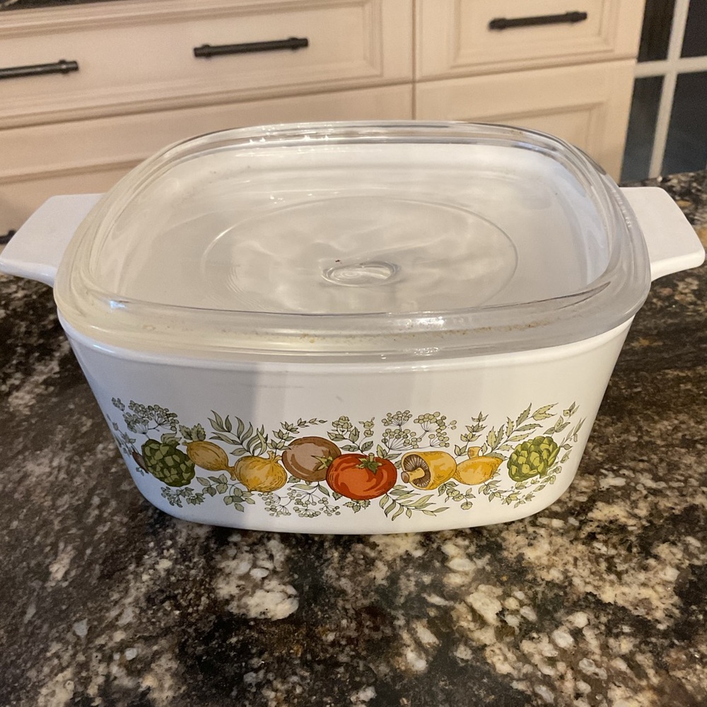 Corningware White Casserole Dish with Retro Fruit Design